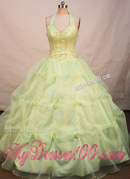 Perfect Ball Gown Halter Top Yellow Green Quinceanera Dress